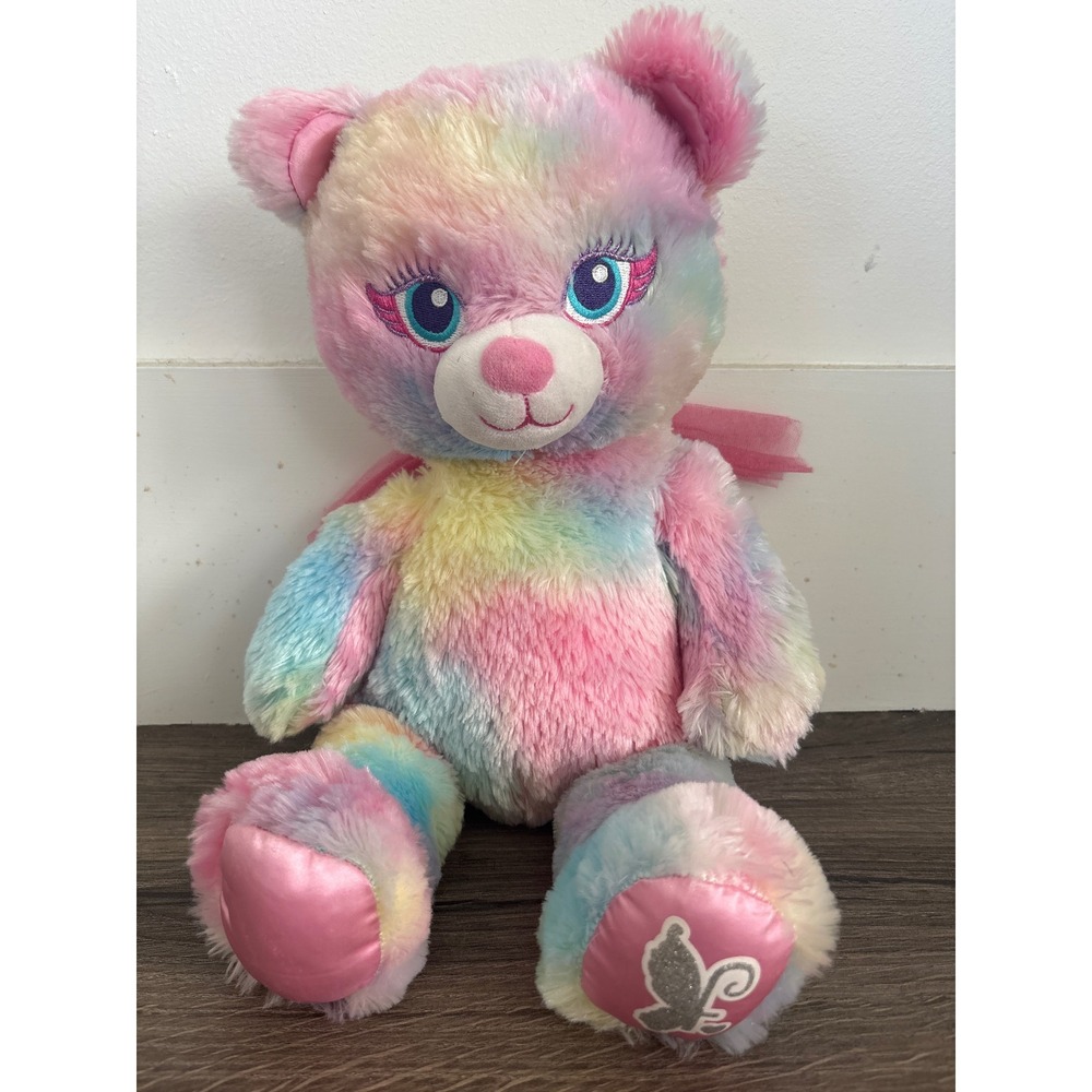 Build-A-Bear Workshop Pastel Rainbow Tie Dye Plush Bear Butterfly Paw Pink Bow